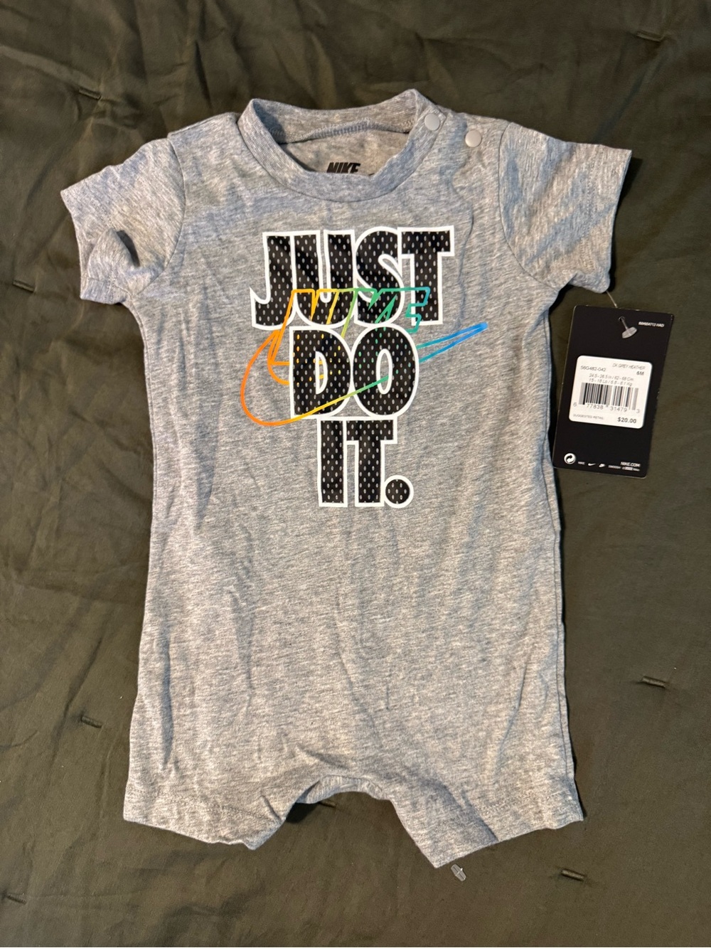 Nike Gray Baby Romper with Multicolor Swoosh Accents